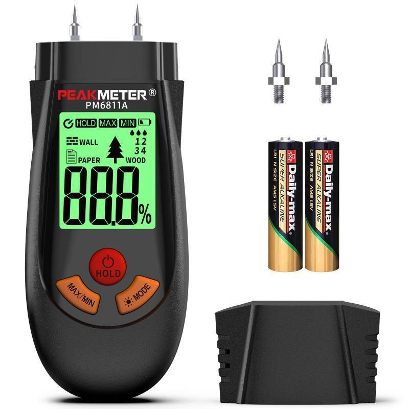 lot 51319 image: Wood Moisture Meter, with battery and LCD display, suitable for quick determination of moisture content of many types of logs, paper, plywood, plaster walls, floor coverings, etc. - Retail $13
