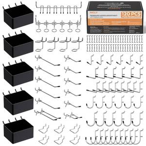 lot 26902 image: INCLY 120PCS Pegboard Accessories Organizer Kit, Peg Board Hooks Assortment with Bins for Organizing Various Tools, Fit 18 or 14 inch Pegboard for Hanging Storage, Garage Wall Attachments - Retail $17