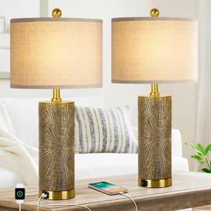 lot 26911 image: 27 Gold Vintage Table Lamps Set of 2 with USB AC Fast Charging Ports, Modern Farmhouse Bedside Nightstand Lamps for Bedroom with Beige Linen Shade, Rustic End Table Lamps for Living Room Office - Retail $90