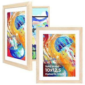 lot 26912 image: KINLINK 10x12.5 Kids Art Frame Set of 2, Solid Wood Kids Artwork Frames Changeable with Front Opening Hold 150 Pictures, Art Frames for Kids Art with Mat without Mat 10x12.5 Picture Frame Natural - Retail $36