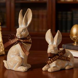 lot 26923 image: DN DECONATION Easter Decorations Bunny Figurines Set of 2, Rabbit Statues Fur Textured Farmhouse Spring Home Decor, Beige & Brown Resin Easter Tabletop Rustic Decor for Shelf Mantel Coffee Table - Retail $20