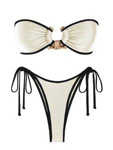 lot 40643 image: ZAFUL Swimsuit for Women Bandeau Thong Bikini Sets High Cut Two Piece Bathing Suit Strapless Swim Suit Shiny Beige M - Retail $33