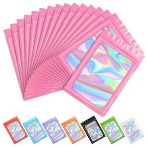 lot 40648 image: Funfery 100 pcs Pink Smell Proof Mylar Holographic Bags Packaging Bags,2.4x3.9Inch Clear Resealable Odor Proof Bag Foil Pouch Bag for Food Storage,Lipgloss,Jewelry,Eyelash Packaging Small Business - Retail $6