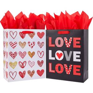 lot 40655 image: SUNCOLOR Large Valentines Day Gift Bags with Tissue Paper, Red and White Love Heart Design, 13x10.2x4.9 Inches, 2 Pack no tissue paper - Retail $8