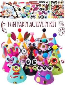 lot 40660 image: Glittery Garden 24 Pcs Party Hats Birthday Activity Kit with Stickers - Kids Fun Arts & Crafts. Make Your Own Animal & Monster Theme Party Favors & Game Supplies - Retail $25