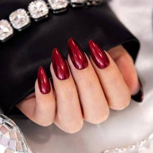 lot 40663 image: VSALON Press On Nails Almond, 32 Pcs 16 Sizes Red Press On Burgundy Chrome Metallic Medium Fake Nails With Glue & Cuticle Oil, Reusable Stick On Nails False Nails Kit - Retail $16