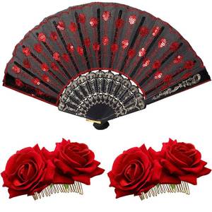 lot 40666 image: 2 Pieces Women Rose Flower Hair Clip and Embroidered Sequins Fabric Handheld Folding Fan Mexican Hair Accessories for Flamenco Dancer Day of The Dead Costume Wedding Party Mothers Day(Red) - Retail $10