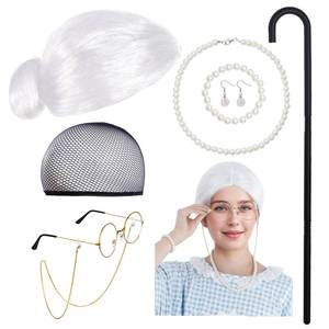 lot 40667 image: Choyaxo Womens Old Lady Costume 100 Days of School Grandma Costume Including Wig Wig Cap Earrings Bracelets Necklaces Glasses Cane - Retail $7