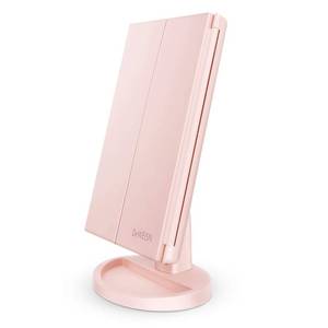 lot 40671 image: Deweisn Tabletop Mount Tri-Fold Lighted Vanity Mirror with 21 LED Lights, Touch Screen and 3X2X1X Magnification, Two Power Supply Modes Make Up Mirror,Travel Mirror - Retail $30
