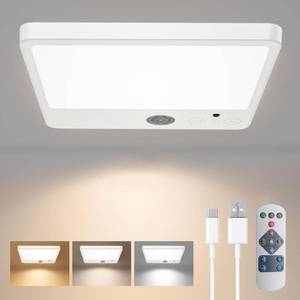 lot 40673 image: Rechargeable Motion Sensor Ceiling Light with Remote, Dimmable, 3 Color Temperatures 3000K4000K6000K, Timer, IP54 Waterproof Shower Light, Ideal for Shower, Closet, Bathroom, Pantry, Hallway 7000mAh - Retail $20