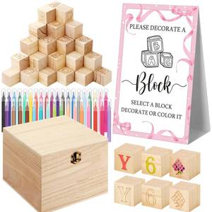 lot 49806 image: Marsui 136 Pcs Baby Shower Blocks to Decorate Game Kit Includes 98 Wooden Blocks, 36 Markers, 1 Game Sign, 1 Storage Box for Baby Shower Gender Reveal Activity Party Decorations(Pink Bow) - Retail $46