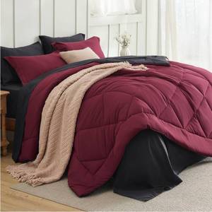 lot 49808 image: Bedsure Queen Comforter Set - 7 Pieces Reversible Burgundy and Black Bedding, Queen Size Bed Set for All Seasons, Bed in a Bag with Down Alternative Comforter, Sheets, Pillowcases & Shams - Retail $46