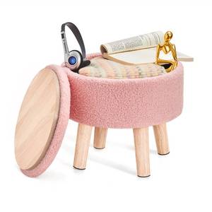lot 49809 image: Poofzy Small Ottoman with Storage, Small Foot Stool Ottoman with Wood Legs, Sherpa Foot Rest for Couch, Living Room and Bedroom - Pink under side of lid is broke - Retail $30