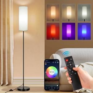 lot 49810 image: FRIDEKO HOME Floor Lamp, Color Changing Ambient Lighting for Living Room & Gaming Decor, Smart Standing Lamp with App & Remote Control, Tall Corner Lamp for Bedroom, 9W 800LM, Foot Switch, White Shade - Retail $40