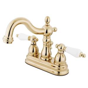 lot 49831 image: Kingston Brass KB1602PL Heritage 4-Inch Centerset Lavatory Faucet with Porcelain Lever Handle, Polished Brass - Retail $84