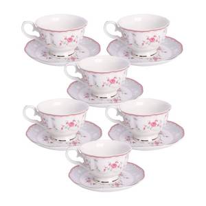 lot 49833 image: Fanquare Pink Rose Tea Cup and Saucer Set for 6, British Vintage Afternoon Cup Set, Porcelain Coffee Cup with Gold Border, 5 oz - Retail $46
