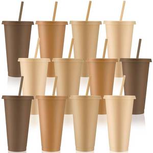 lot 49844 image: Skylety 12 Pcs Brown Plastic Cups with Lids and Straws 24 oz Reusable Tumbler Large Travel Mug Cup Coffee Beverage Drinks Party Supplies for Wedding Bridal Baby Shower Birthday