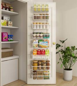 lot 49845 image: Mefirt White 12 Inch Wide Narrow Over The Door Pantry Organizer, Pantry Organization and Storage, 8-Tier Metal Hanging Deep Basket Wall Spice Rack Seasoning Shelves, Home & Kitchen Essentials - Retail $60