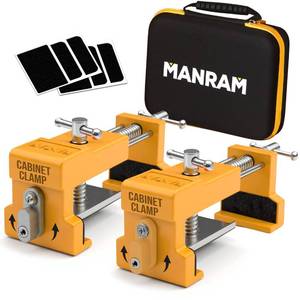 lot 49854 image: Premium Cabinet Clamps 2 Pack with Protective Case, Solid Cast Steel Construction, Integrated Drill Guide with EVA Pads, Face Frame Alignment Tool Clamp for Cabinet Installation & Woodworking - Retail $39