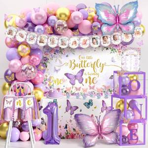lot 49866 image: Butterfly First Birthday Decorations for Girl Pink Purple Butterfly 1st Birthday Party Decoration Supplies Include Balloon Arch Balloon Boxes Backdrop Tablecloth Birthday Hat - Retail $31