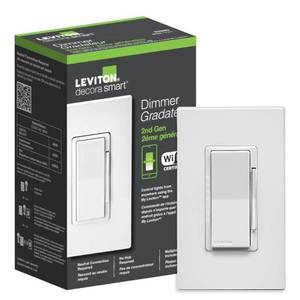 lot 49869 image: Leviton Decora Smart Dimmer Switch, Wi-Fi 2nd Gen, Neutral Wire Required, Works with Matter, My Leviton, Alexa, Google Assistant, Apple HomeSiri & Wired or Wire-Free 3-Way, D26HD-1RW, White - Retail $39