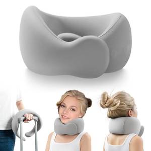 lot 49874 image: BEBAS Travel Neck Pillows for Airplanes and Long-Haul Flights, Memory Foam Adjustable 360° Head Support with Asymmetrical Sides, Includes Travel Bag (Grey) - Retail $20