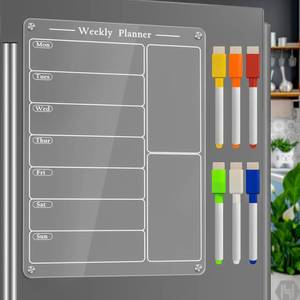 lot 50603 image: JonXon 8X12 Acrylic Magnetic Menu Board for Kitchen,Acrylic Weekly Calendar for Fridge,Clear Meal Planner for Refrigerator,Magnet Fridge Menu Planner with 6 Magnetic Erasable Markers - Retail $14