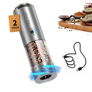 lot 59911 image: CIRCLE JOY Electric Pepper Grinder Stainless Steel Rechargeable Pepper Mill with Variable Grinding Speed, External Adjustable Coarseness, 95ml Container and White LED Light, Silver - Retail $20