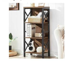 lot 59914 image: Small Bookshelf,4 Tier Industrial Bookcase with Metal Frame and Backboard,Narrow Rustic Brown Book Shelf,Book case for Small Spaces,Living Room,Bedroom and Home Office