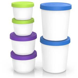 lot 59916 image: BALCI - Premium Ice Cream Containers (5 Pack - 1 Quart, 16oz & 8oz) Perfect Freezer Storage Tubs with Lids for Ice Cream, Sorbet and Gelato - Blue  Purple  Green 2 LIDS ARE MISSING - Retail $30