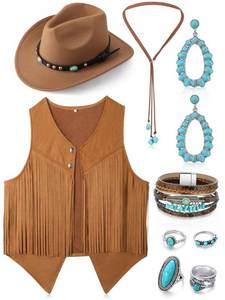 lot 59924 image: Suhine 9 Pack Western Outfits for Women Cowgirl Fringe Vest Boho Cowboy Hat Turquoise Jewelry Kit for Halloween Costume(Small,Khaki) - Retail $37