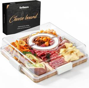 lot 111538 image: Charcuterie Board with Clear Locking Lid and Handle, 6 Compartment Bamboo Cheese Board Snackle Box, Portable Cutting Board for Snacks, Fruits&Meats, Ideal Gift for Parties, Birthday& House Warming