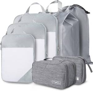 lot 211364 image: Compression Packing Cubes, 7 Set Packing Cubes for Travel Compression, Lightweight Compressible Package Organizer for Carry On and Suitcases, Light Grey