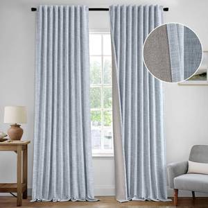 lot 211374 image: MIULEE Light Blue 100% Blackout Linen Curtains 84 Inch 2 Panels Set Double Sided No Coating Pleated Back Tab Black Out Long Thermal Insulated Pinch Pleat Bedroom Living Room Darkening Window Drapes