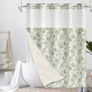 lot 311277 image: WELTRXE No Hook Shower Curtain with Snap in Liner, Floral Shower Curtain Vintage Rustic with See Through Mesh Top Window, Machine Washable, 72 x 74 Inch, Green