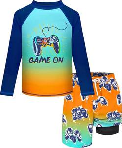 lot 311312 image: Boys Rash Guard Swim Set with Swim Trunks Bathing Suit Long Sleeve Swim Shirt Quick Dry Swimsuit Kids Swimwear Size 7-16