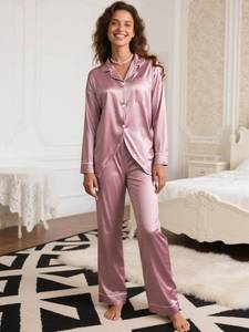 lot 311317 image: Womens Silk Satin Pajamas Set Long Sleeve Button Down Sleepwear 2 Piece Lounge Long Set Pj Set