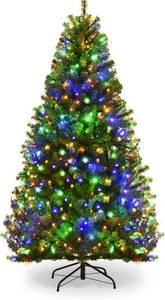 lot 411234 image: COSTWAY 5 FT Pre-lit Christmas Tree, Artificial Xmas Tree with 150 Warm White & Multicolored Lights, 11 Modes, 600 Branch Tips, Metal Support, Holiday Decoration Fake Tree for Home, Office, Party