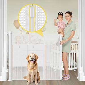 lot 411235 image: Reinforced 42  Extra Tall Retractable Dog Gate for Doorways 60  Wide Mesh Baby Gate, Tall Baby Gates for Stairs with Rods to Prevent Crawling Through Retractable Pet Gate Indoor Outdoor, White