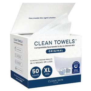 lot 411260 image: Clean Skin Club Clean Towels XL , 100% USDA Biobased Face Towel, Disposable Face Towelette, Eczema Association Accepted, Makeup Remover Dry Wipes, Ultra Soft, 1 Pack, 50 Ct