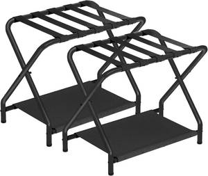 lot 411263 image: HOOBRO Luggage Rack, Pack of 2, Folding Suitcase Stand with Fabric Storage Shelf for Guest Room, Bedroom, Hotel, Holds up to 100 lb, 27 x 15.3 x 22 Inches, Space Saving, Black BK04XLP201