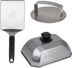 lot 361281 image: Blackstone 5462 Hamburger Kit (3 Piece)   Metal Flipper Spatula Turner, Basting Cover & Hamburger Press Patty Stainless Steel Burger Maker Set for Bacon, Steak Griddle Accessories for Grilling, Black