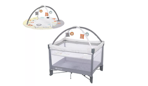 lot 211375 image: Retails for $130 Baby Trend Play Suite 3-in-1 Quick-Fold Playard with Baby Gym - Quartz Stone Maximum Weight Capacity 30 lbs, Polyester Fill, Steel Frame