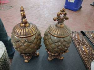 lot 25215 image: Decorative Pineapple Ceramic Jars with Bronze Finials - Retail $45
