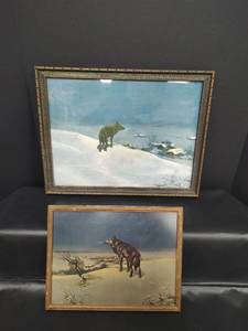 lot 230 image: Wolf Winter Scene Art Prints Set of 2 in Vintage Frames