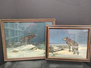 lot 231 image: Winter Elk and Wolf Print in Wood Frames