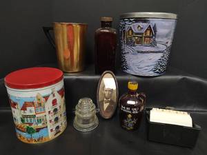 lot 233 image: Assorted Lot - Vintage Brown Bottle, Abraham Lincoln Picture, Vintage Metal Pitcher and More