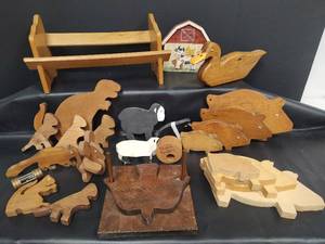 lot 234 image: Wooden Book Shelf, Wood Animal Cut Outs and More