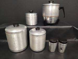lot 238 image: Vintage Mid-Century Aluminum Kitchen Canister Set with Electric Coffeemaker, Made in USA