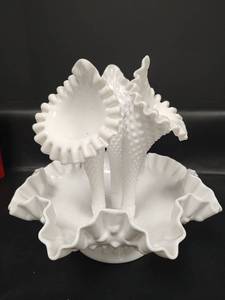 lot 239 image: Vintage Fenton White Milk Glass Epergne with Hobnail Pattern Stems and Ruffled Edges, 10in x 10in